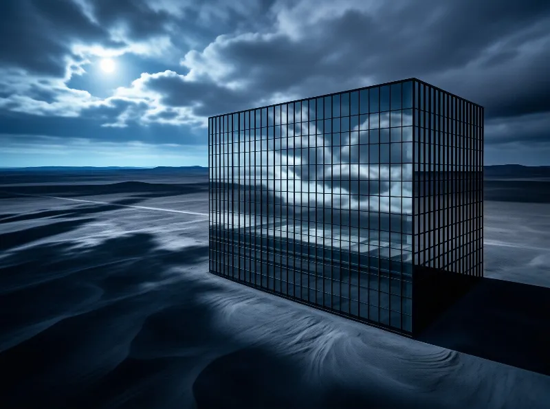 A reflective glass cube with black grid facade stands on a dark blue desert under a bright light behind storm clouds.
