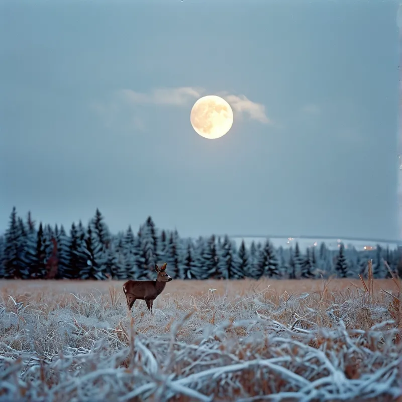 A lone deer stands in a frost-covered meadow while a bright full moon hangs above a dark pine forest line.
