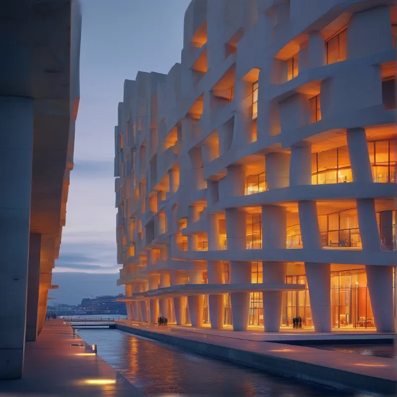 Wavy white concrete balconies and warm interior light line a waterfront promenade reflected in a still twilight pool.