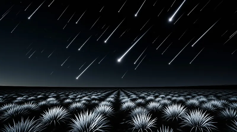 Numerous bright light trails cross a dark sky above a vast field of silvery spiky desert plants.