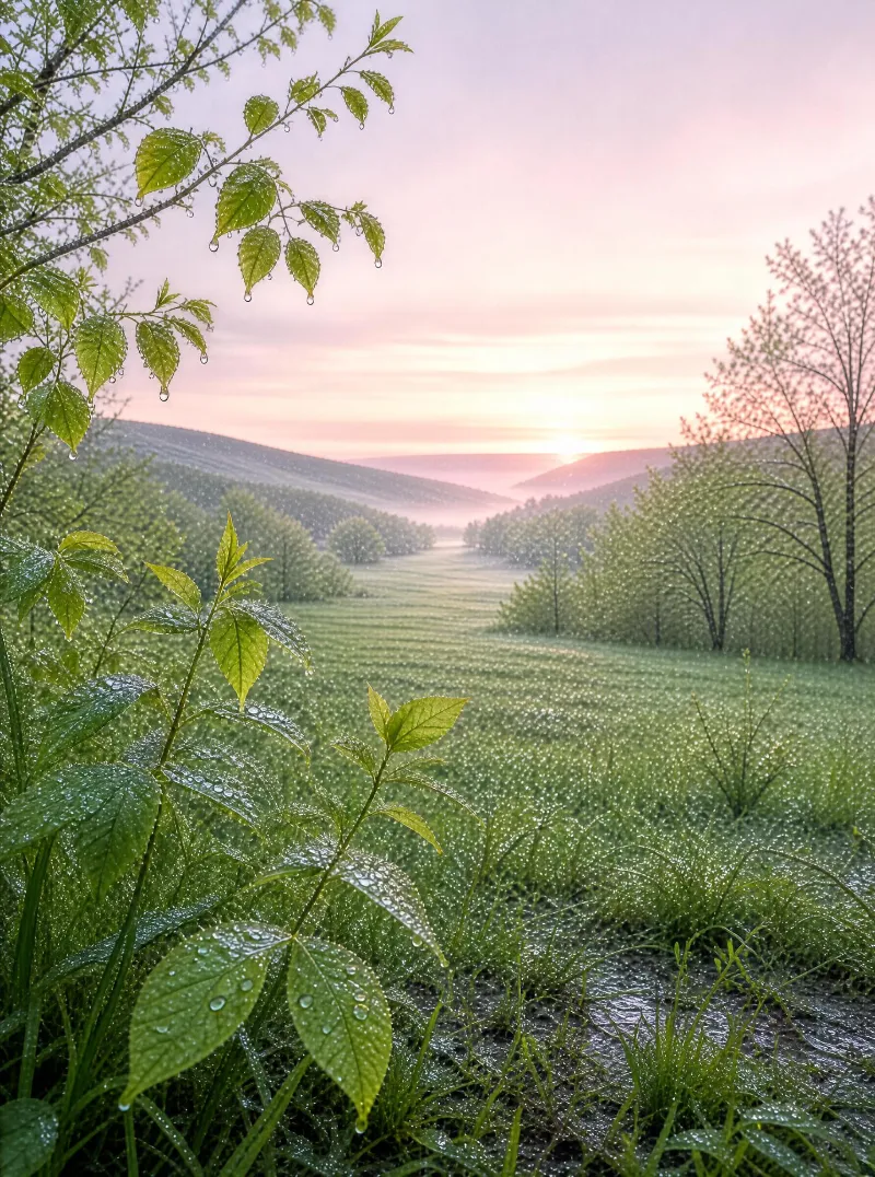 Dew-covered leaves in the foreground with a grass field and distant hills under a soft pink morning sunrise