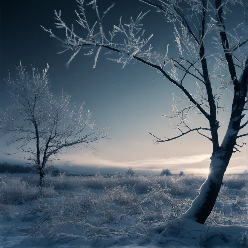 Frosty tree branches stand tall against a pale winter sky while sunlight glows behind the horizon.