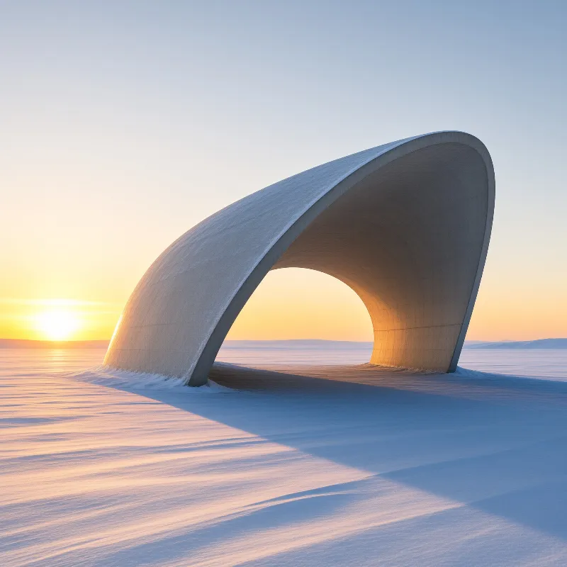 A large white concrete arch stands alone on rippled snow, illuminated by the warm orange glow of a setting sun.