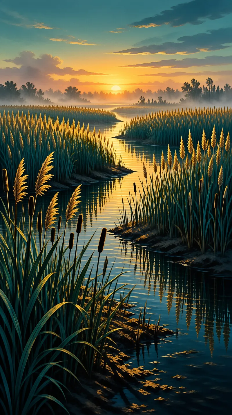 Golden reeds border a winding wetland river as the rising sun reflects on the calm water with low fog over the distant trees.