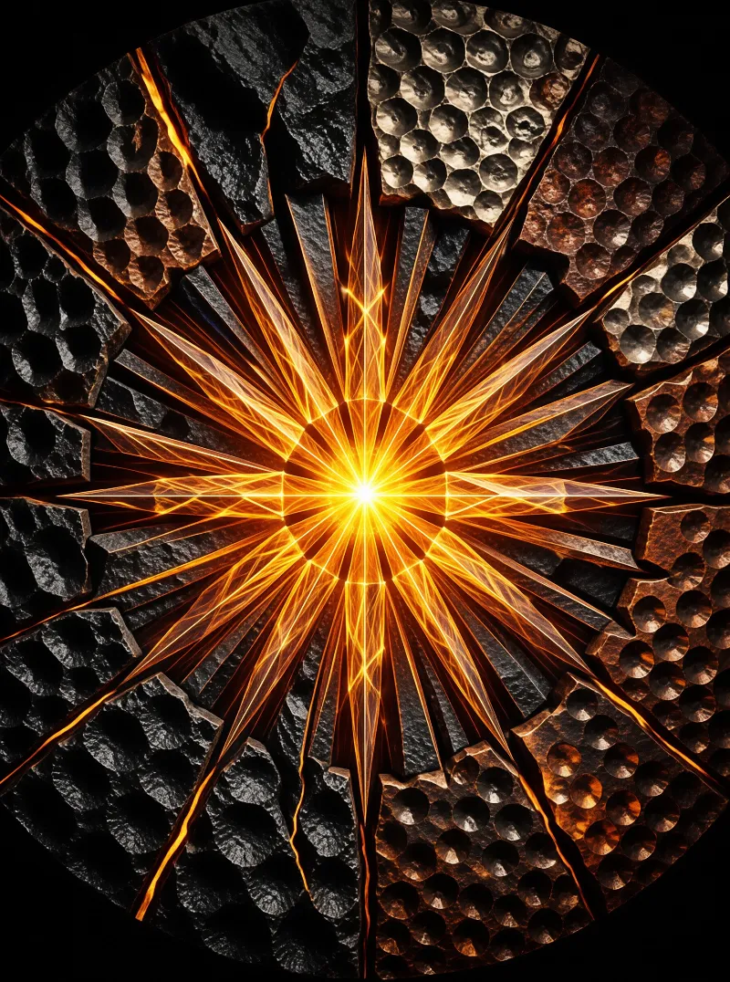 A brilliant golden starburst radiates from a circular frame of dark textured metal plates with glowing orange fissures.