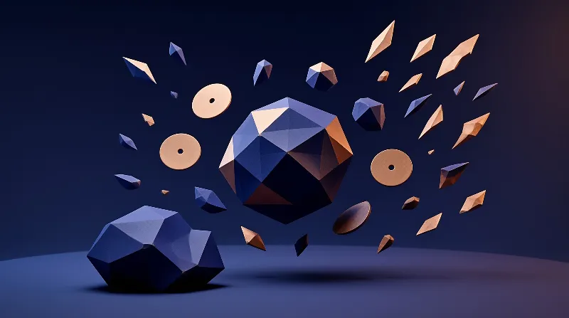 Blue and gold low-poly shapes float against a dark background with soft lighting highlighting their facets.