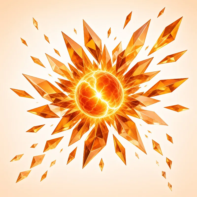 A luminous orange plasma sphere is surrounded by a burst of sharp amber crystal shards radiating outward against a soft cream background.