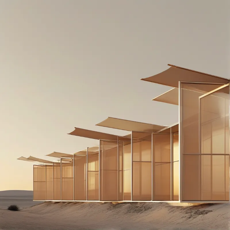 A row of translucent amber glass pavilions with raised sloped roofing sits on rippled desert sand under soft golden fading daylight