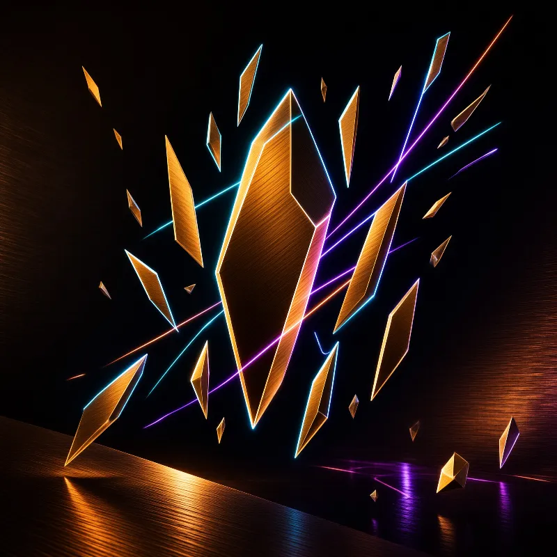 Brushed golden crystals scatter outward across black as thin cyan and magenta light beams slice through them