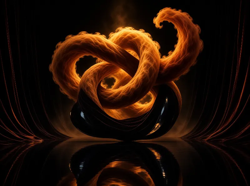 An intertwined glowing orange flame shaped sculpture rests above a dark reflective floor between draped dark walls, lit by its own warm amber glow.