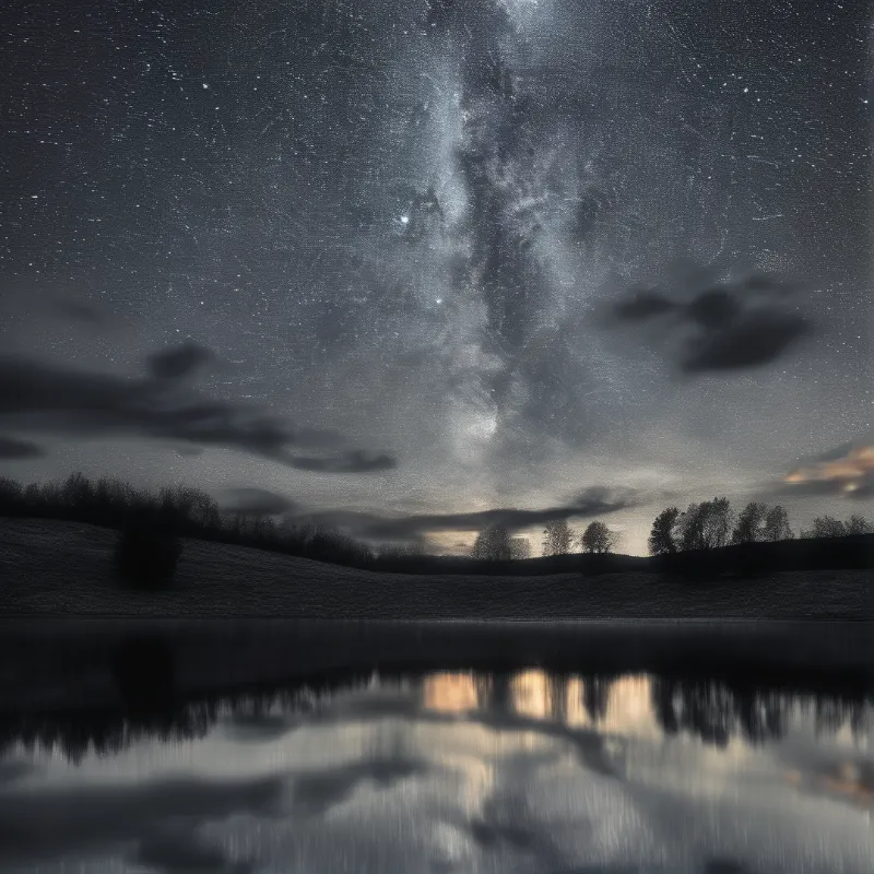 The Milky Way arches over a dark landscape where silhouetted trees stand beside water that mirrors the starry sky.