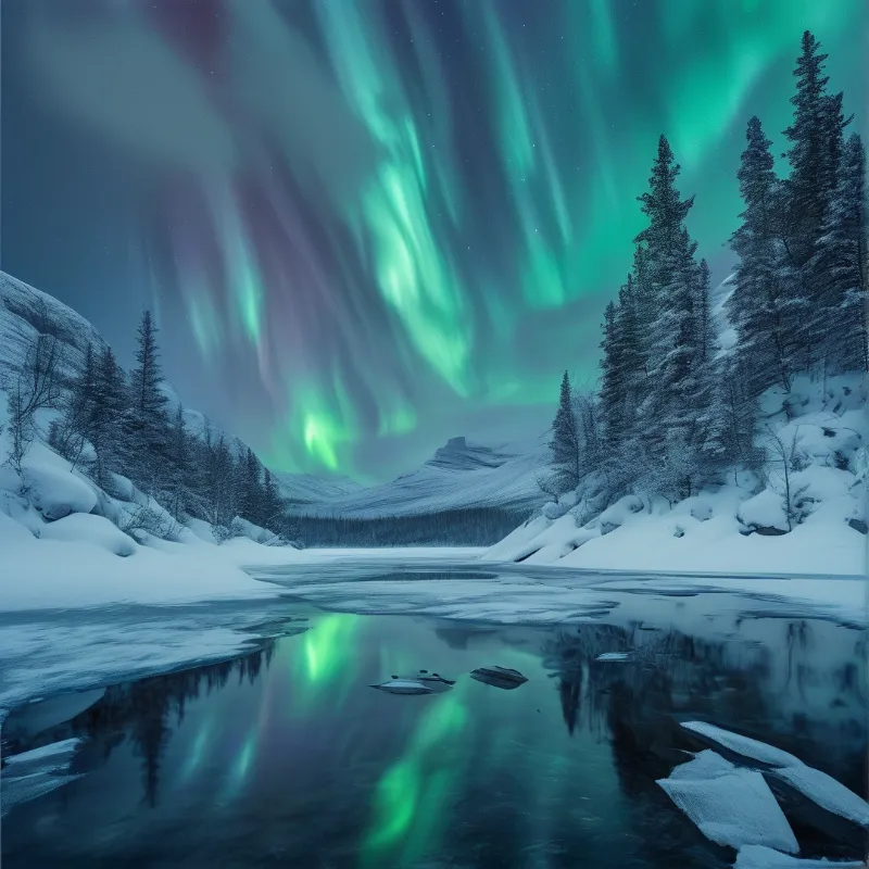 Green northern lights dance above a frozen river flanked by snow-covered evergreen trees under a dark night sky.
