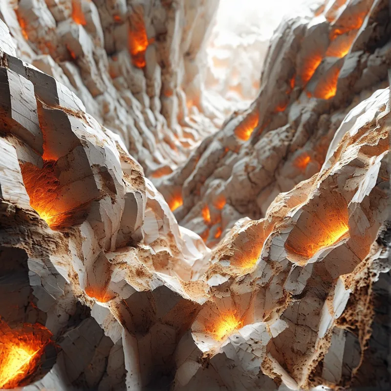 Layered off-white crystalline rock forms a grotto with hollows glowing warm amber from within the uneven stone crevices.