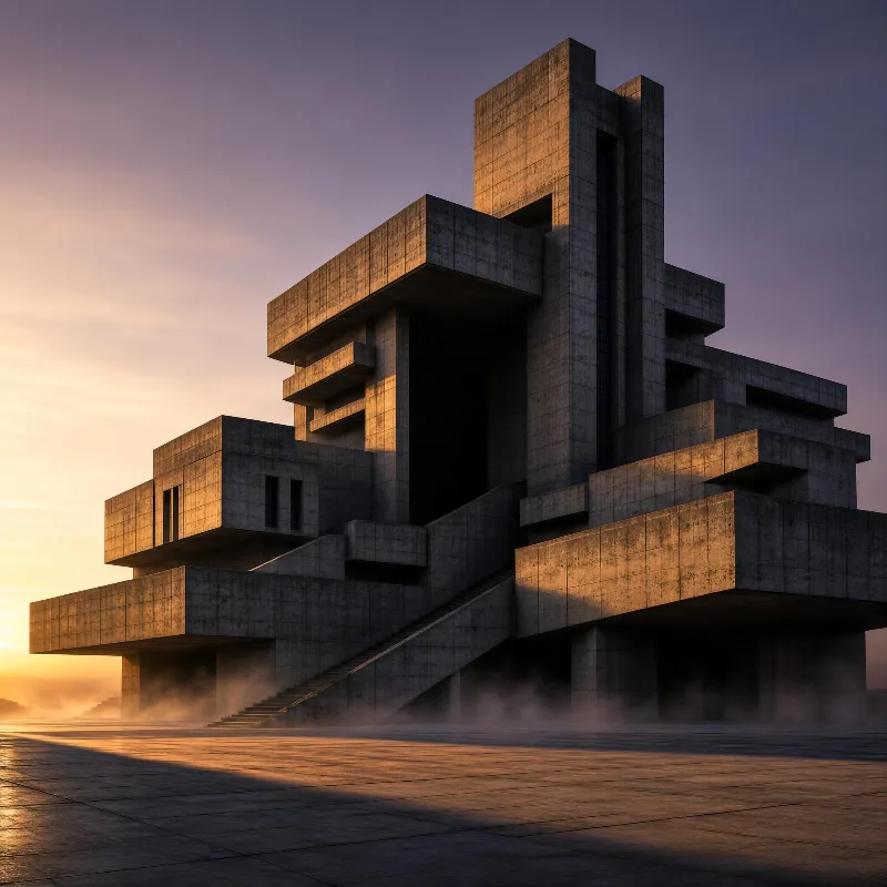 A concrete Brutalist building with angular forms and stairs stands under a dawn light, its surfaces illuminated by warm sunlight while mist hovers at the base.