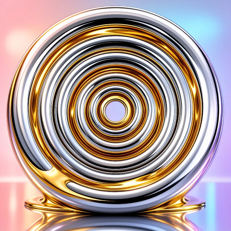 A glossy metallic object displays concentric gold and silver circles reflecting light from a pink to blue background.