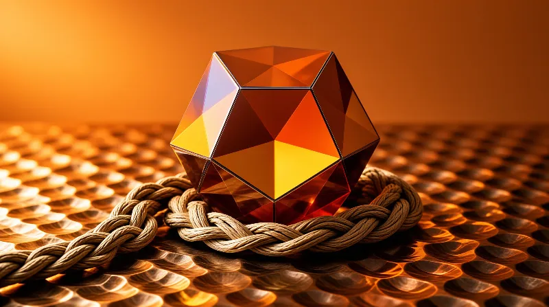 A multifaceted crystal of orange glass rests inside braided cord, above dimpled copper sheet lit in warm tones.