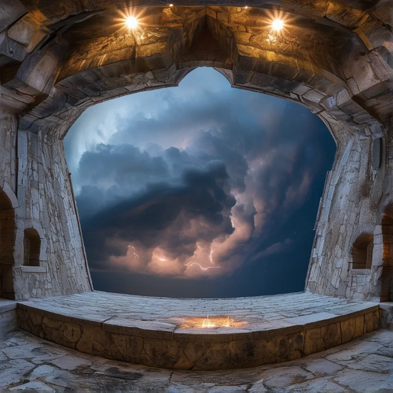 A stone archway overlooks a turbulent sky where lightning strikes beneath glowing ceiling lights.