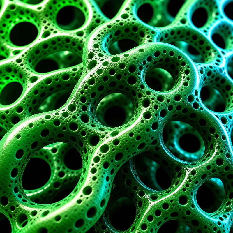 A complex green geometric form filled with voids and illuminated by cyan light in the top right.