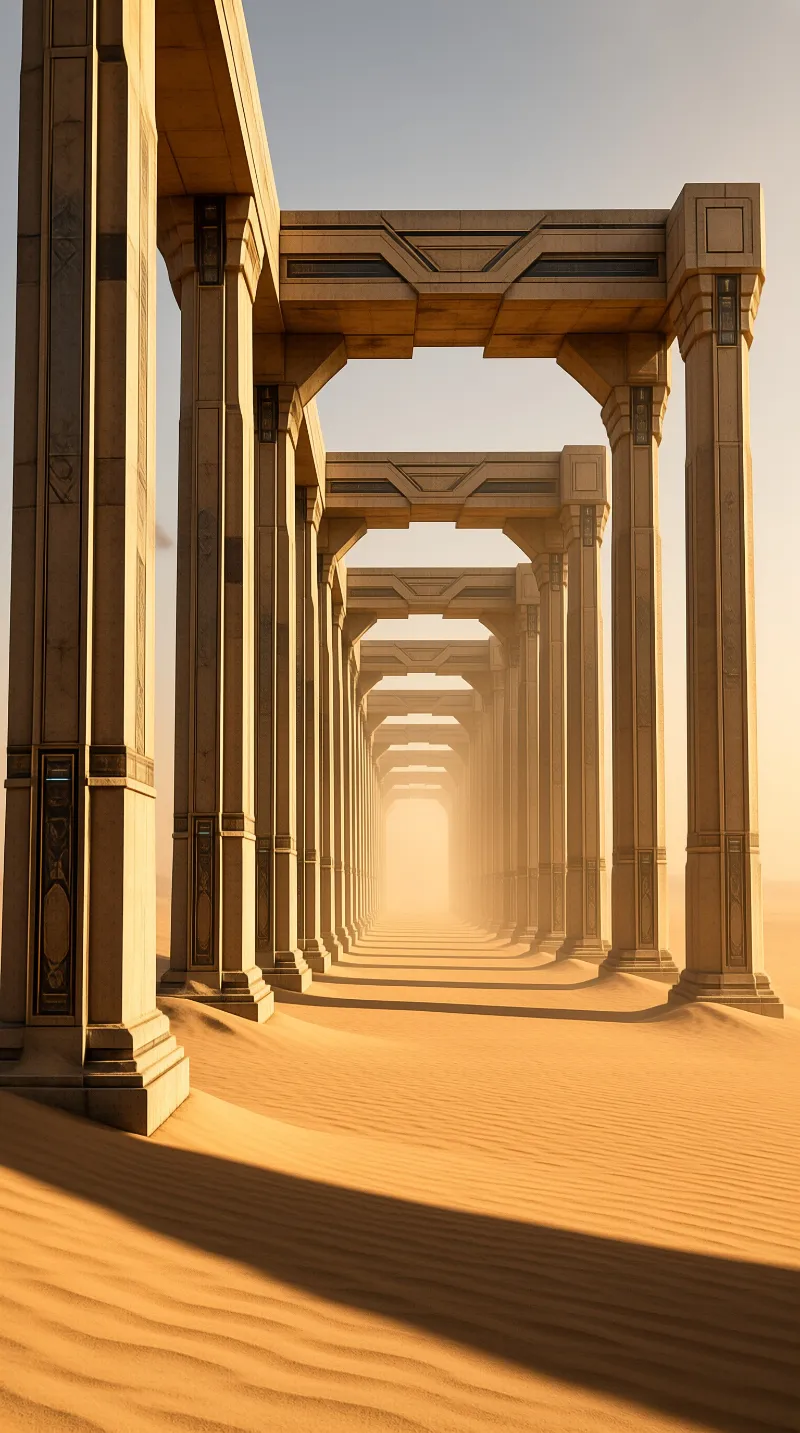 Carved stone arches recede across a sandy desert landscape under a warm hazy sky leading to a bright vanishing point.