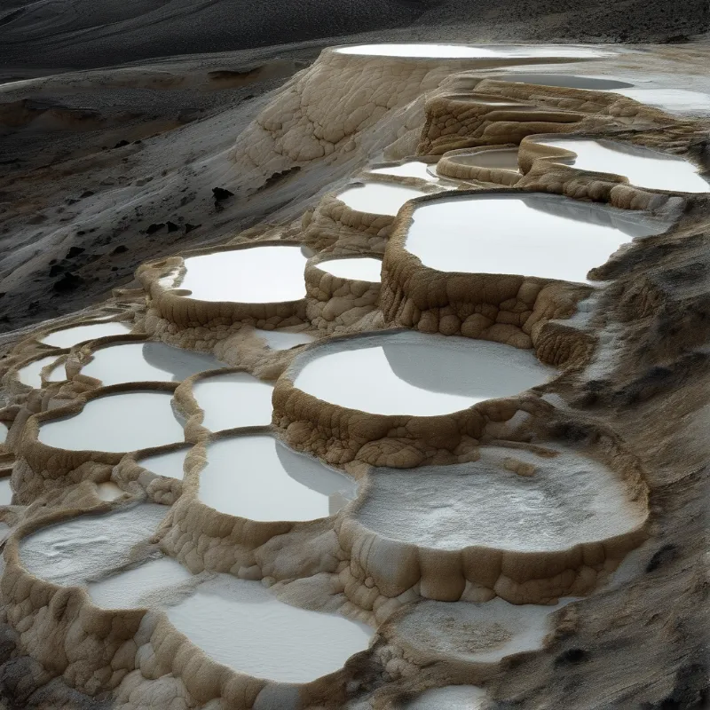 Layered mineral pools reflect soft light across cracked earthy banks forming natural terraces in a desolate landscape.