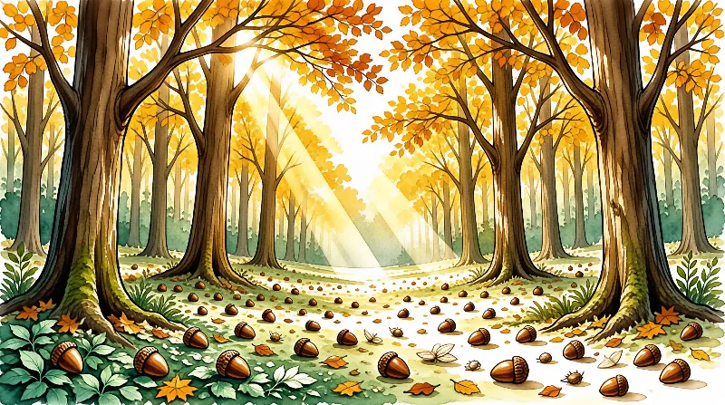Sunlit autumn oak forest showing golden leaves and acorns on the ground with bright rays.
