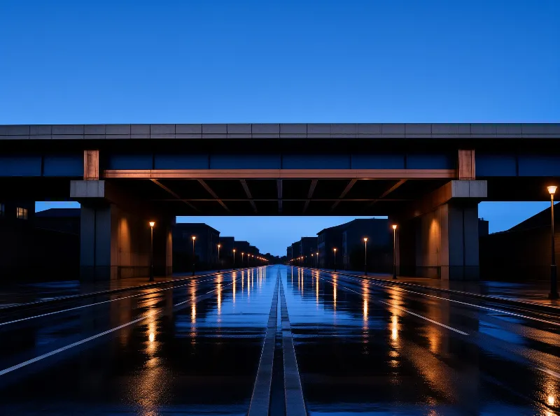 Amber street lamps and their reflections run down a rain wet avenue framed by a low bridge against deep evening blue