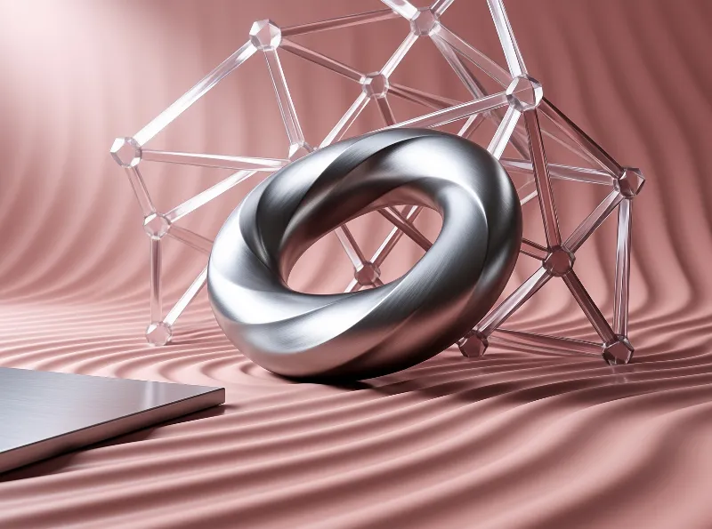 A polished metallic torus rests within a transparent geometric structure on a rippled rose gold fabric surface.