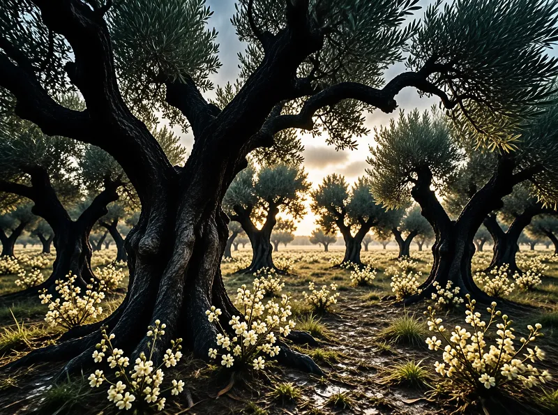 Ancient olive trees with dark gnarled trunks stand in a field of small white flowers under a warm low sun