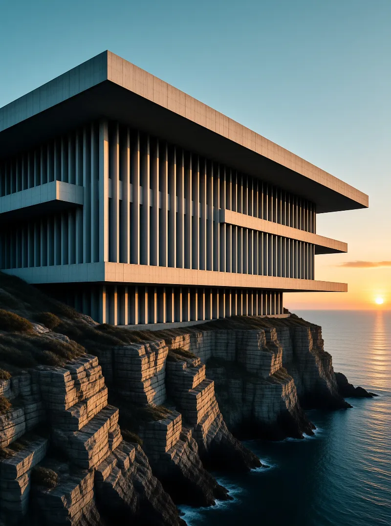 A modern building with vertical columns sits on a rocky cliff while the sun sets over the water to the right.