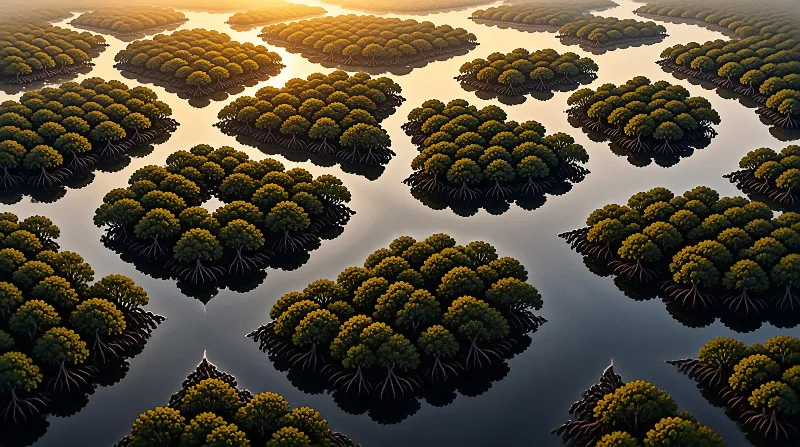 Aerial view of dark water weaving between dense clusters of green trees with golden sunlight on their tops