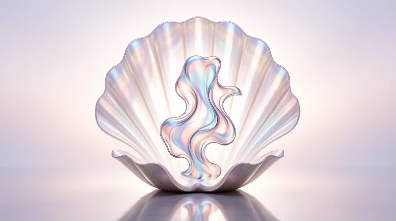 A glossy sculpted seashell cradles a swirling opal figure that shimmers in soft pink and blue light.
