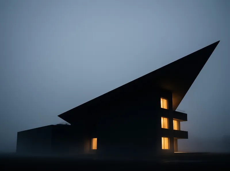 An angular structure features illuminated windows amidst a calm blue atmosphere.