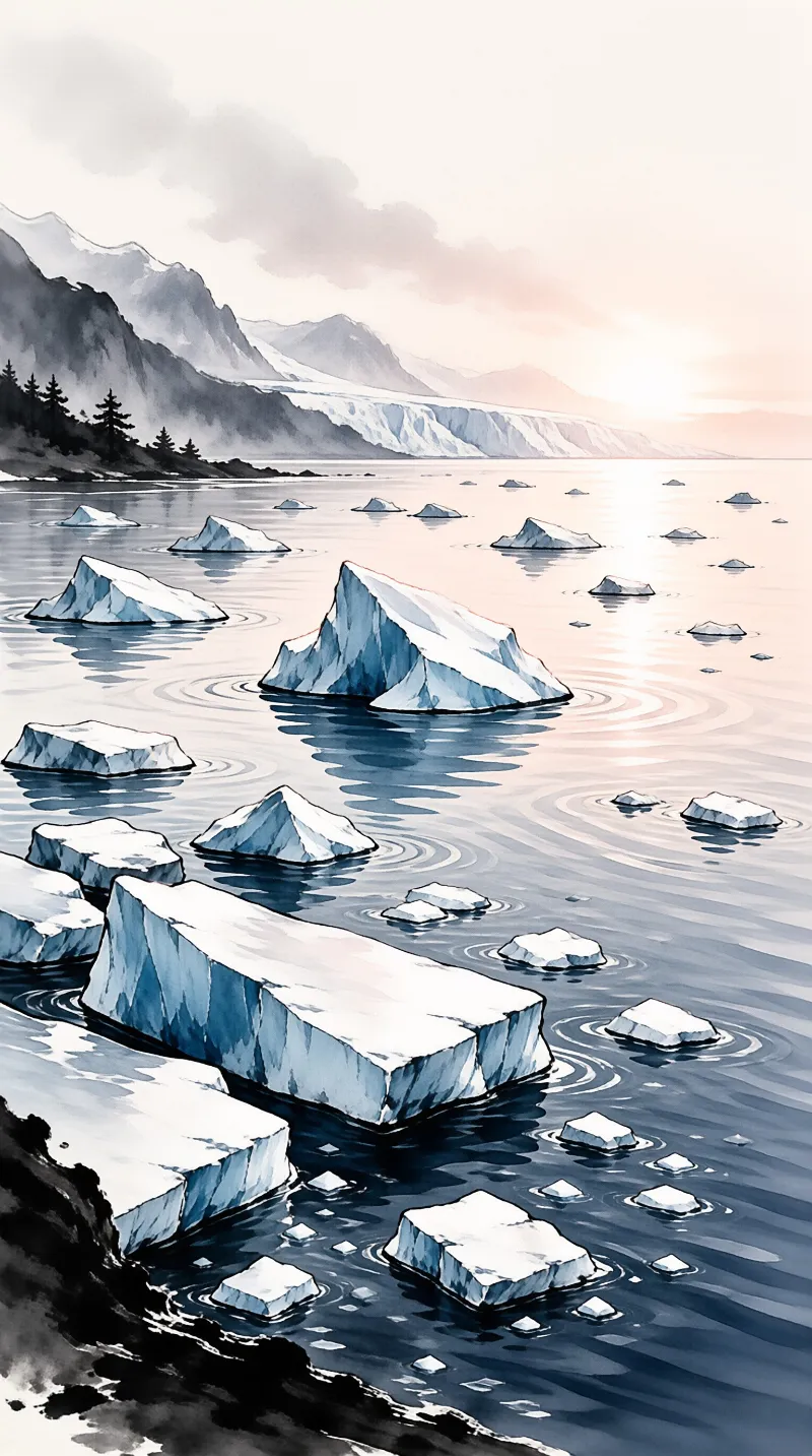 Ink painting of varied size icebergs on calm glacial waters backed by snow capped mountains and shore conifers under a pale sunset sky