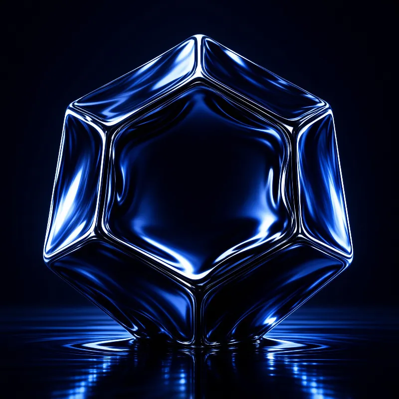 A glossy deep blue cube-like object rests on dark rippling water, bright light glints off its curved edges and reflective surfaces.