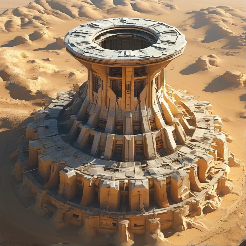 A massive ring shaped architectural ruin rises from sandy dunes under bright golden sunlight casting long shadows across the terrain.