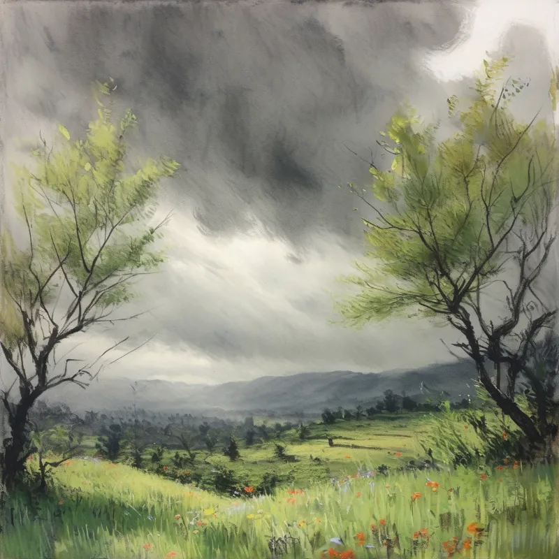 Two leafy trees frame a green wildflower meadow, with misty mountains under storm clouds cut by bright sun rays.
