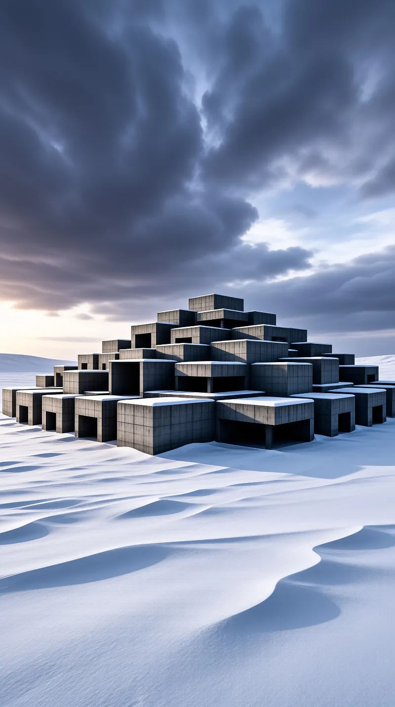 Stacked concrete blocks with dark openings rise from a snowy field beneath heavy clouds and a pale glow.
