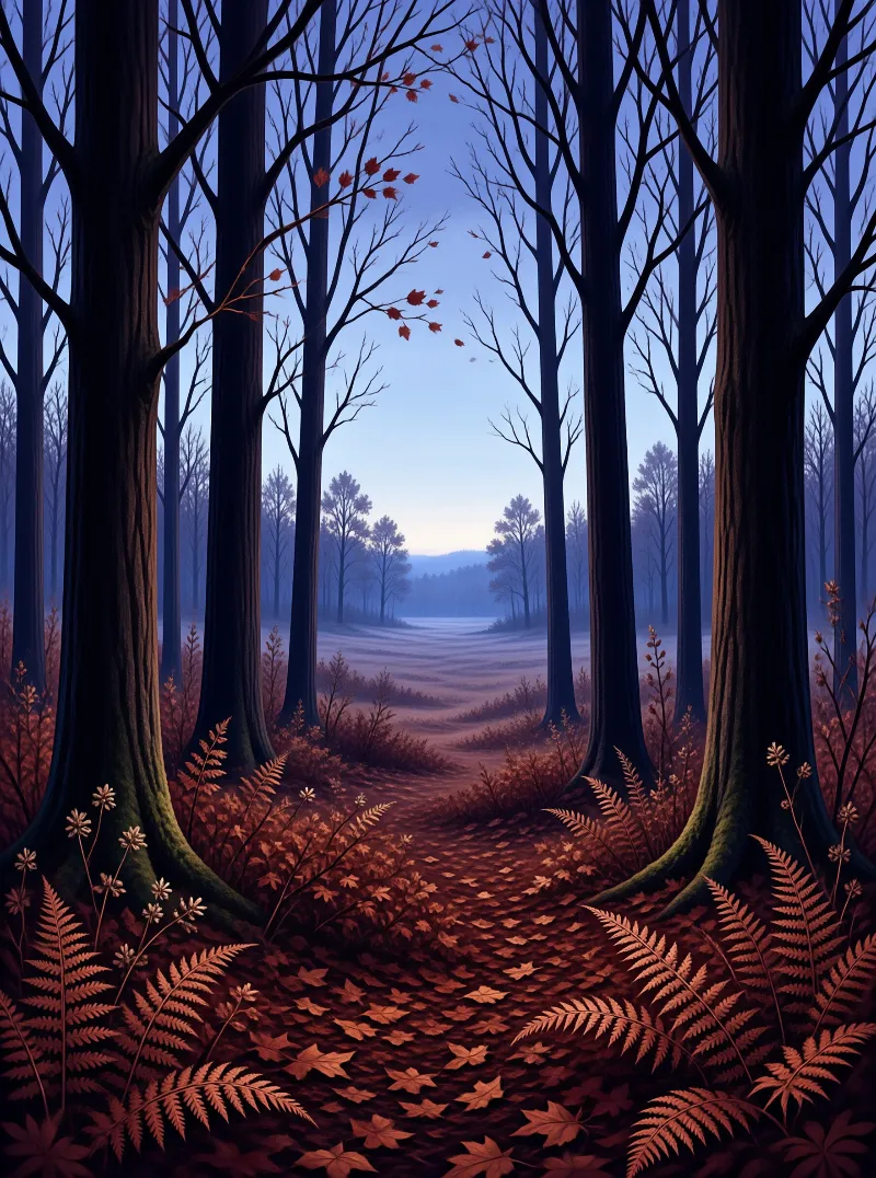 Dark tree trunks frame a winding path leading into a foggy field covered in reddish autumn undergrowth.