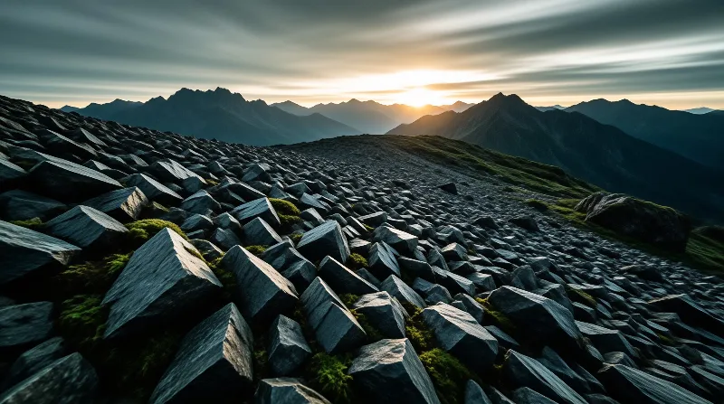 Angular boulders and moss-covered slopes lead toward distant mountain peaks bathed in warm sunset light beneath soft clouds.