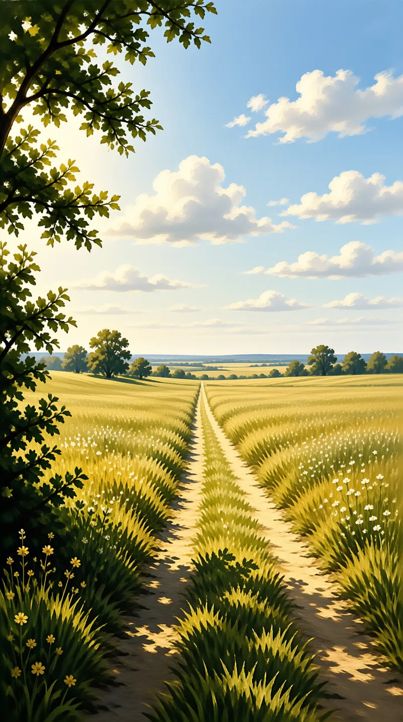 A narrow dirt track winds through a vibrant yellow field under a bright blue sky scattered with white clouds.