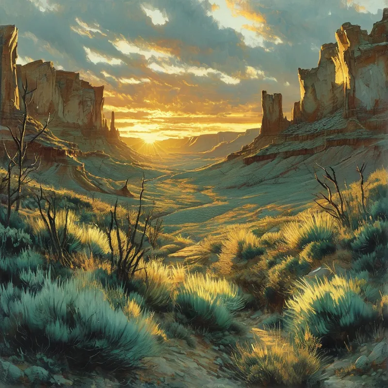 Layered sandstone canyons overlook a sunlit desert valley at dusk, with golden scrub and bare branches in the foreground.