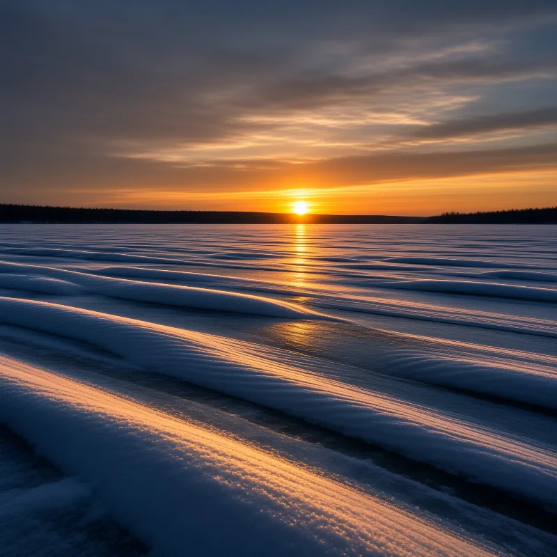 Wind shaped snow drifts stretch across a frozen expanse toward a setting sun casting long golden rays