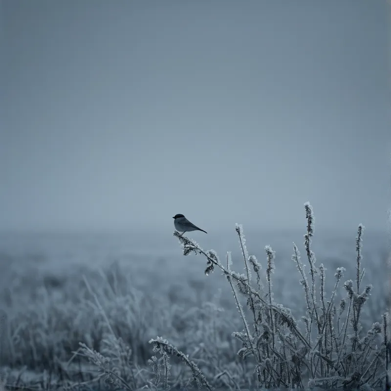 A solitary bird rests on a rime-covered branch while dense fog obscures the distant horizon in cool blue tones.