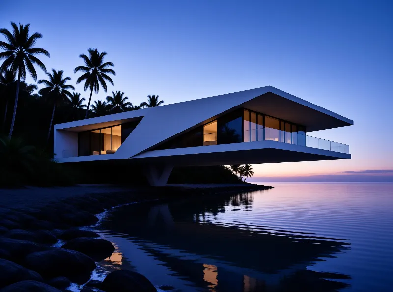 Sleek white house with large windows rests on a rocky coast while the sky turns purple at dusk.