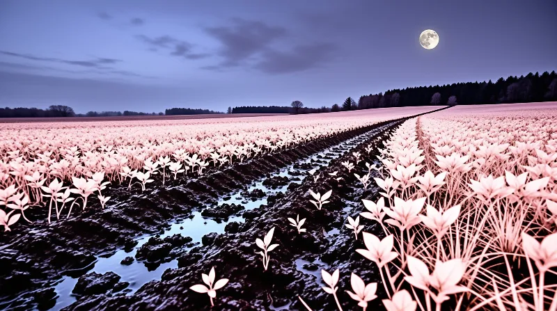 Rows of pale sprouting crops line a muddy water channel under a twilight sky with a full moon hanging over distant forested hills.
