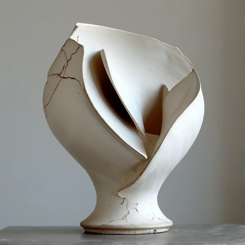 A sculptural white clay vessel opens into curved petals, its rim marked by fine brown cracks