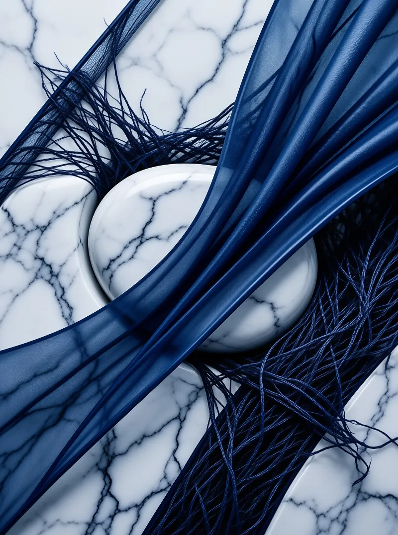 Glossy white marble stones rest beneath translucent navy blue ribbons and loose threads on a veined stone surface.