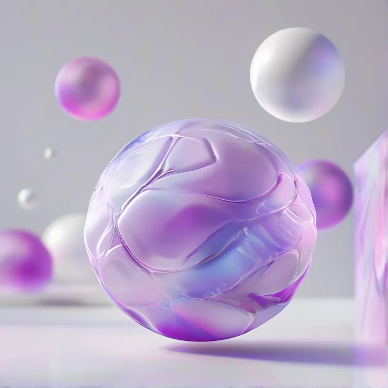 Glossy iridescent spheres with purple and blue swirls rest on a smooth reflective surface under soft ambient lighting.