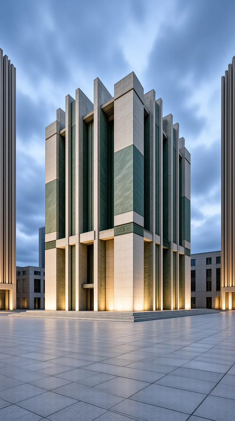 Vertical pale and green stone pillars rise above a lit broad paved plaza at dusk under a cloudy blue sky