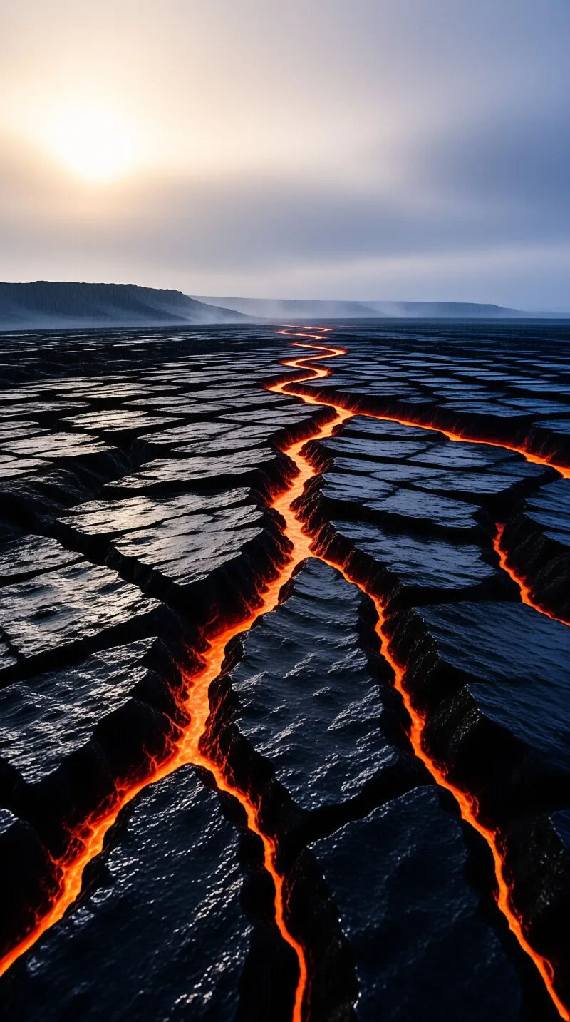 Glowing orange lava winds through a landscape of dark cracked earth beneath a soft twilight sky.